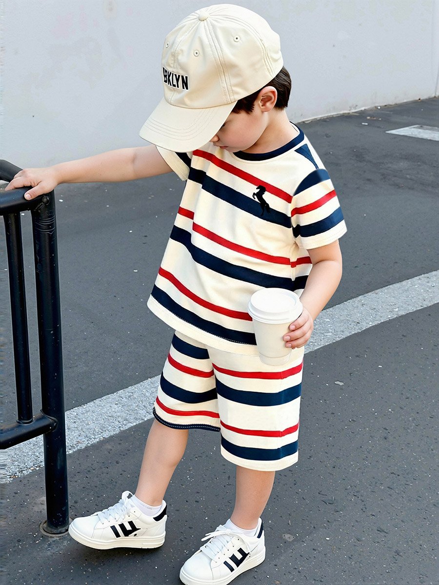 Boys Striped Round Neck T-Shirt and Shorts Set