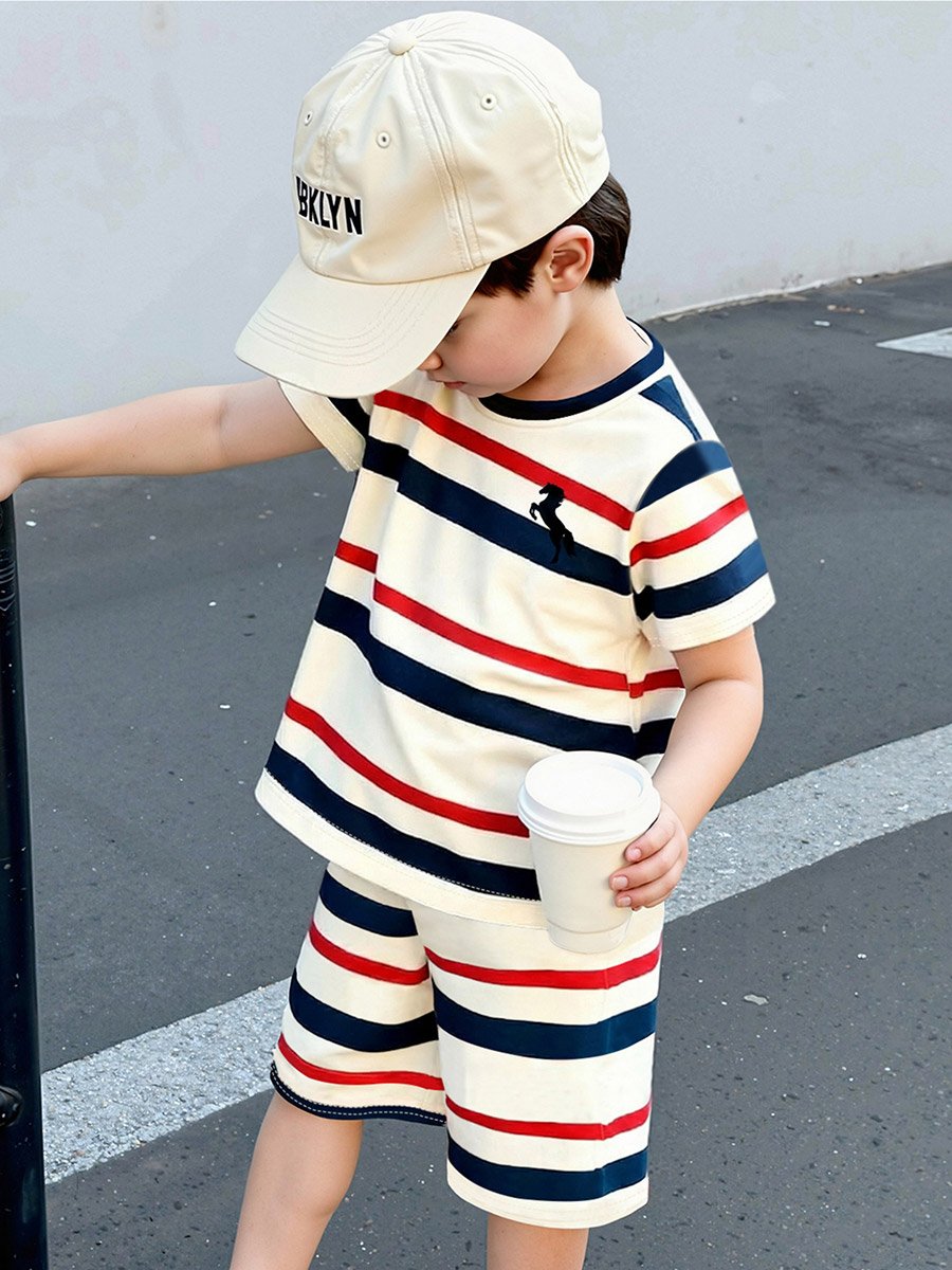 Boys Striped Round Neck T-Shirt and Shorts Set