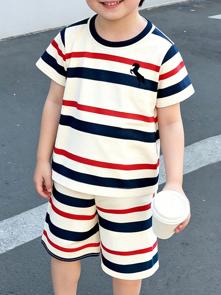 Boys Striped Round Neck T-Shirt and Shorts Set