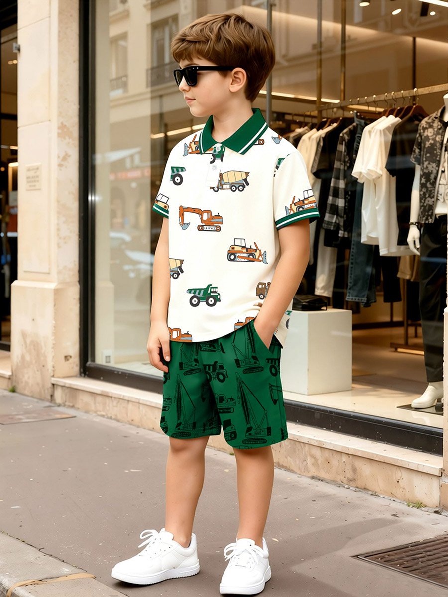 Boys Truck Print Polo T-Shirt and Shorts Set