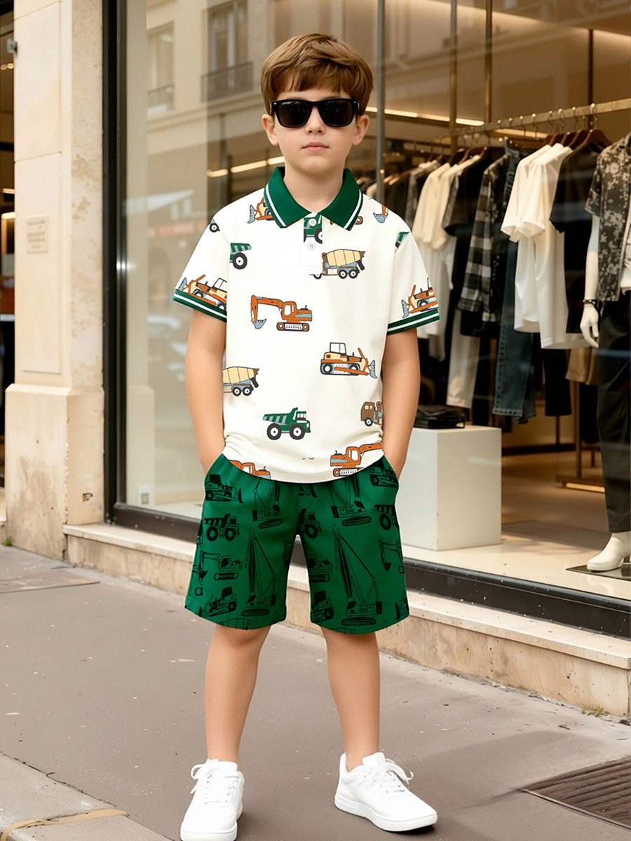 Boys Truck Print Polo T-Shirt and Shorts Set