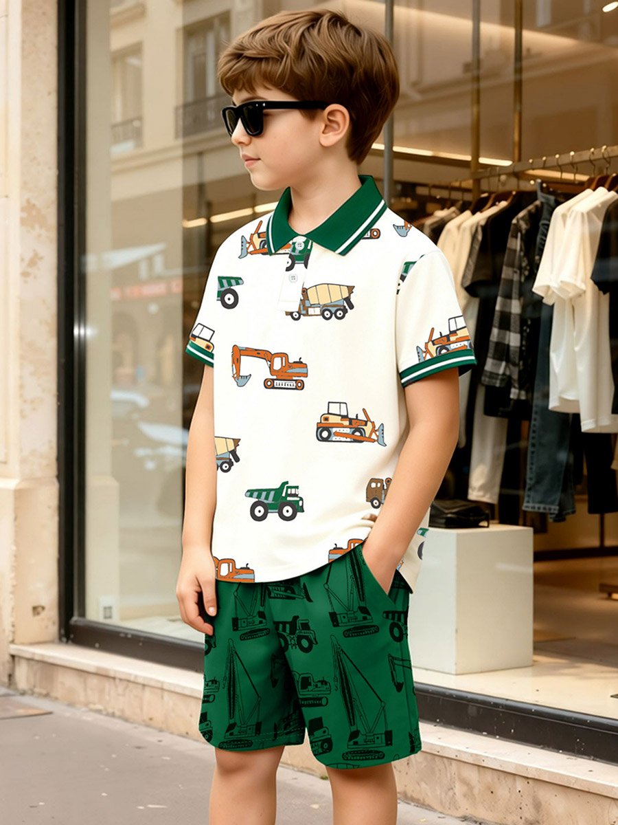 Boys Truck Print Polo T-Shirt and Shorts Set