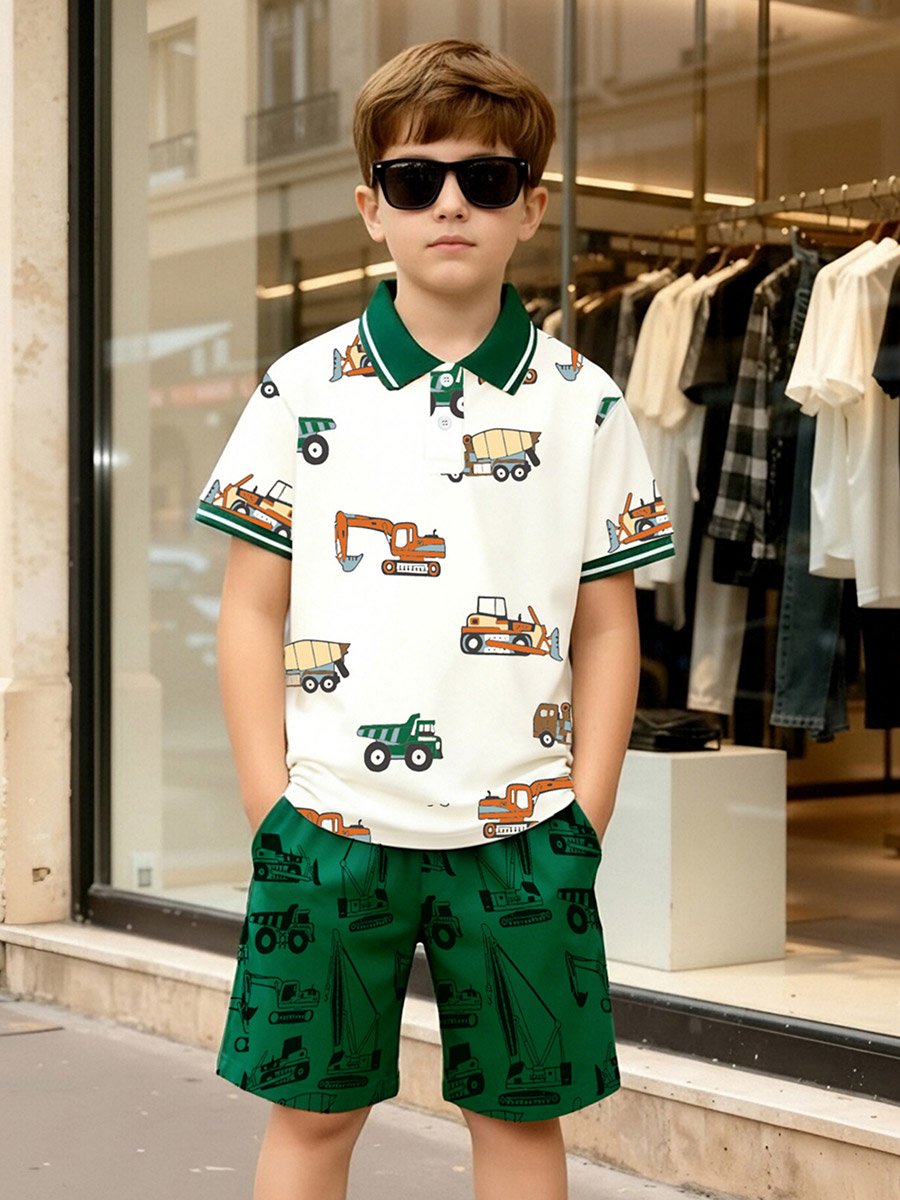 Boys Truck Print Polo T-Shirt and Shorts Set
