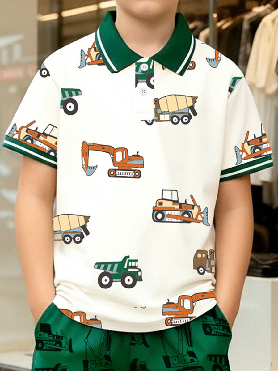 Boys Truck Print Polo T-Shirt and Shorts Set