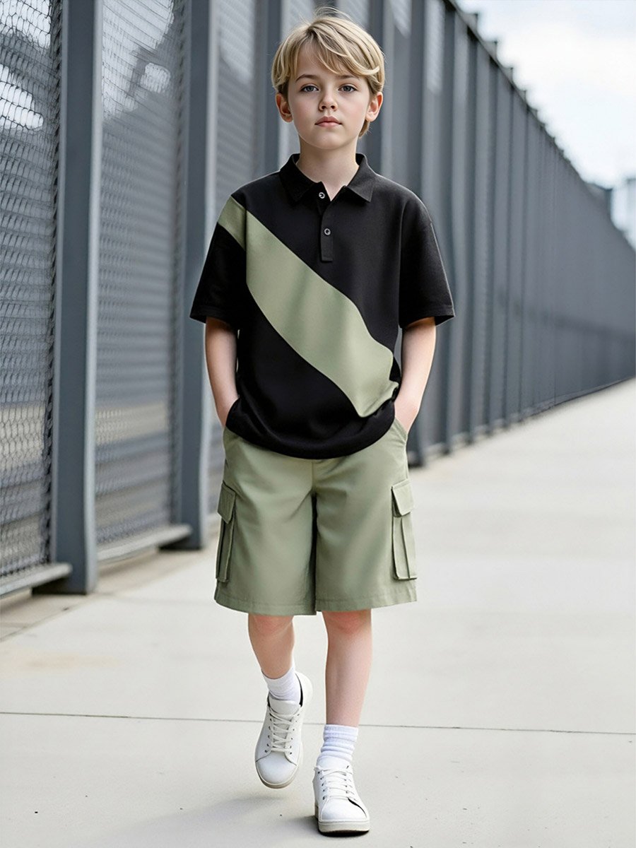 Boys Color Block Polo and Cargo Shorts Set