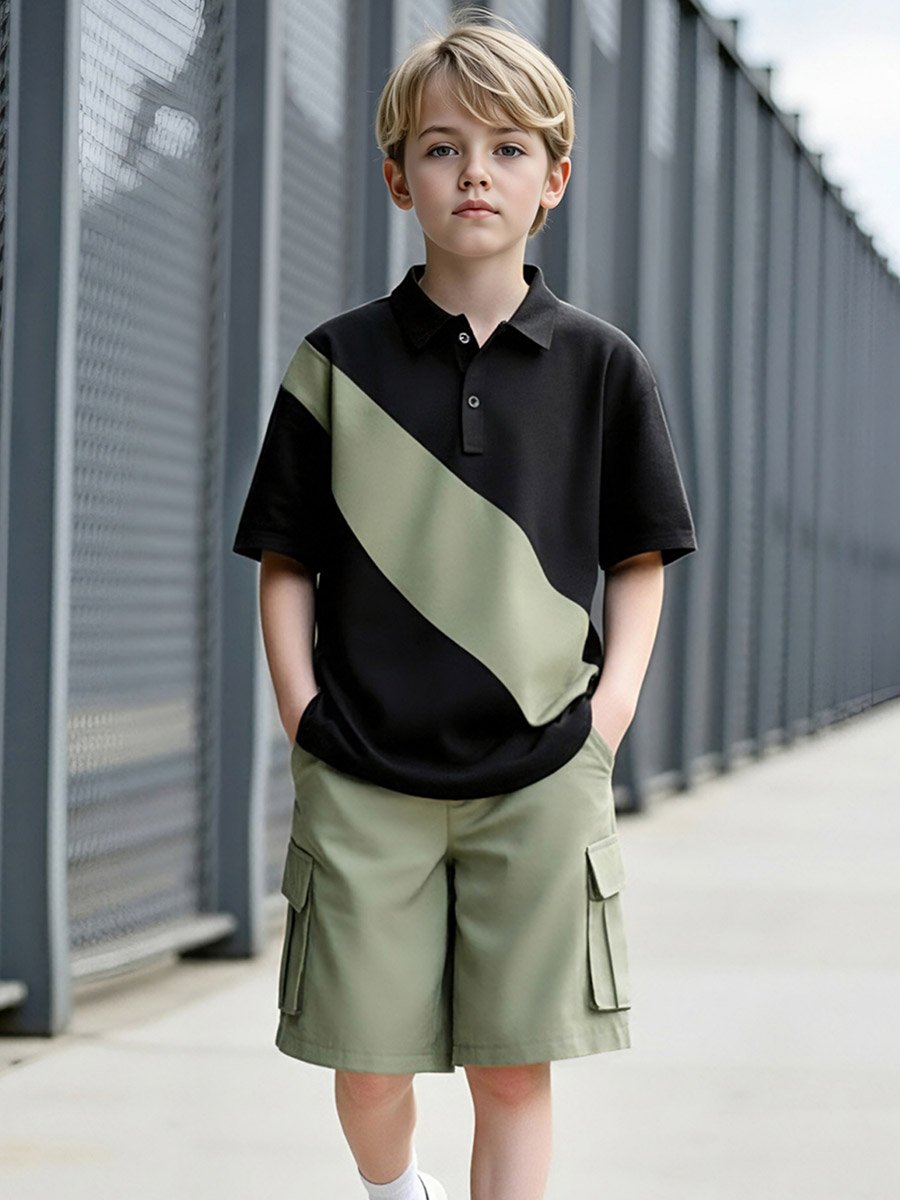 Boys Color Block Polo and Cargo Shorts Set