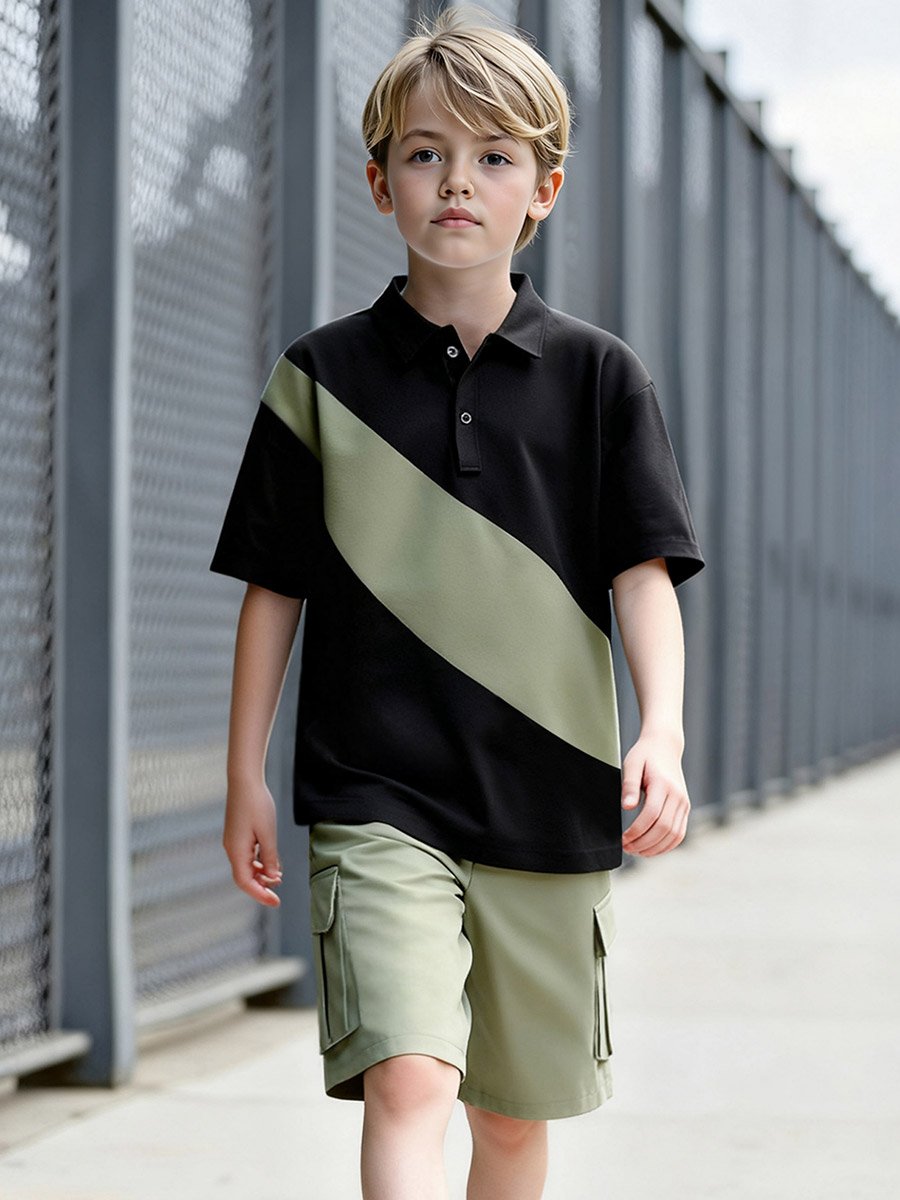 Boys Color Block Polo and Cargo Shorts Set