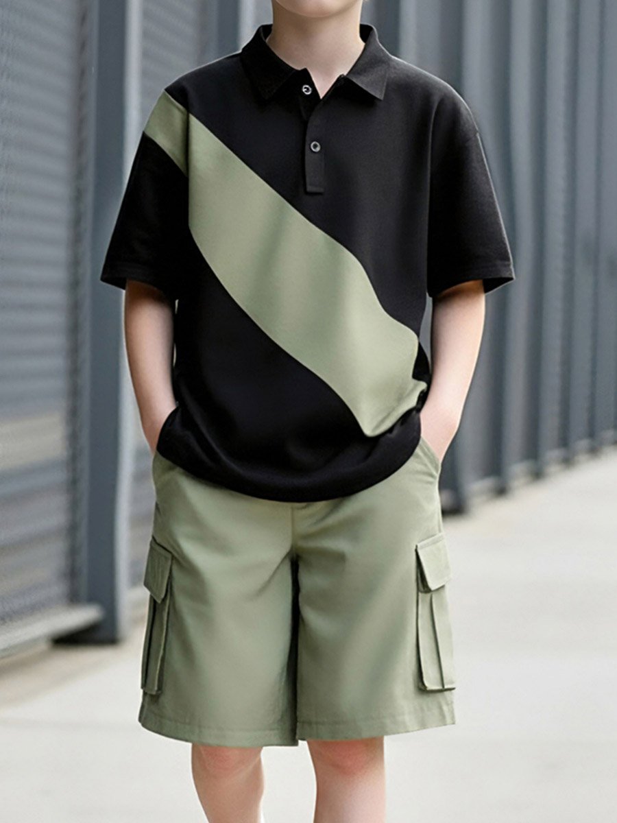 Boys Color Block Polo and Cargo Shorts Set