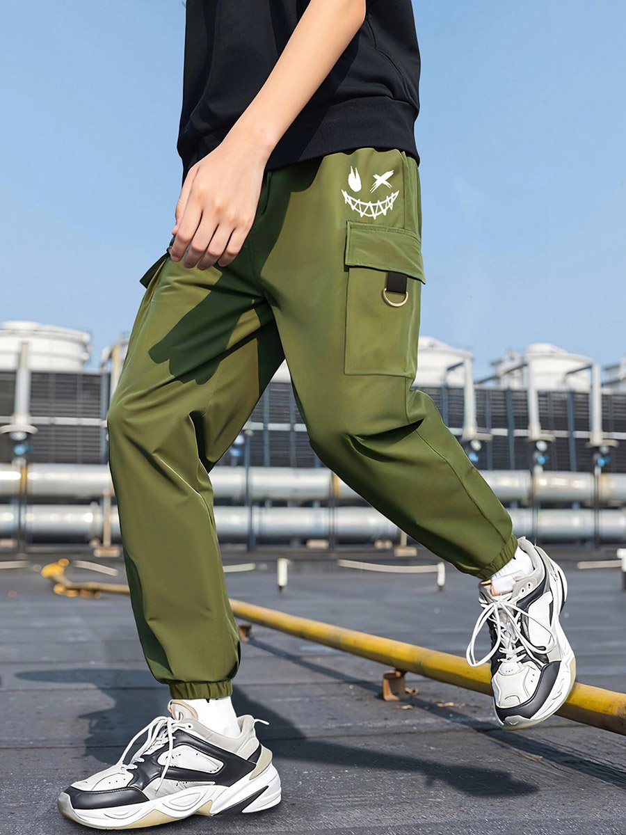 Boys Green Cargo Pants with Smile Graphic For Kids at Saudi | Styli
