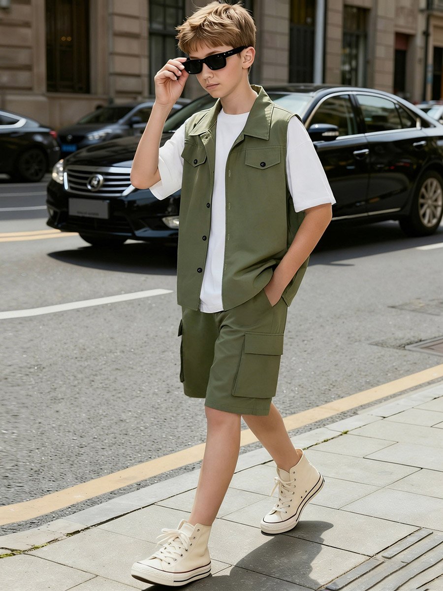 3-Piece Solid T-Shirt, Sleeveless Jacket and Cargo Shorts Set