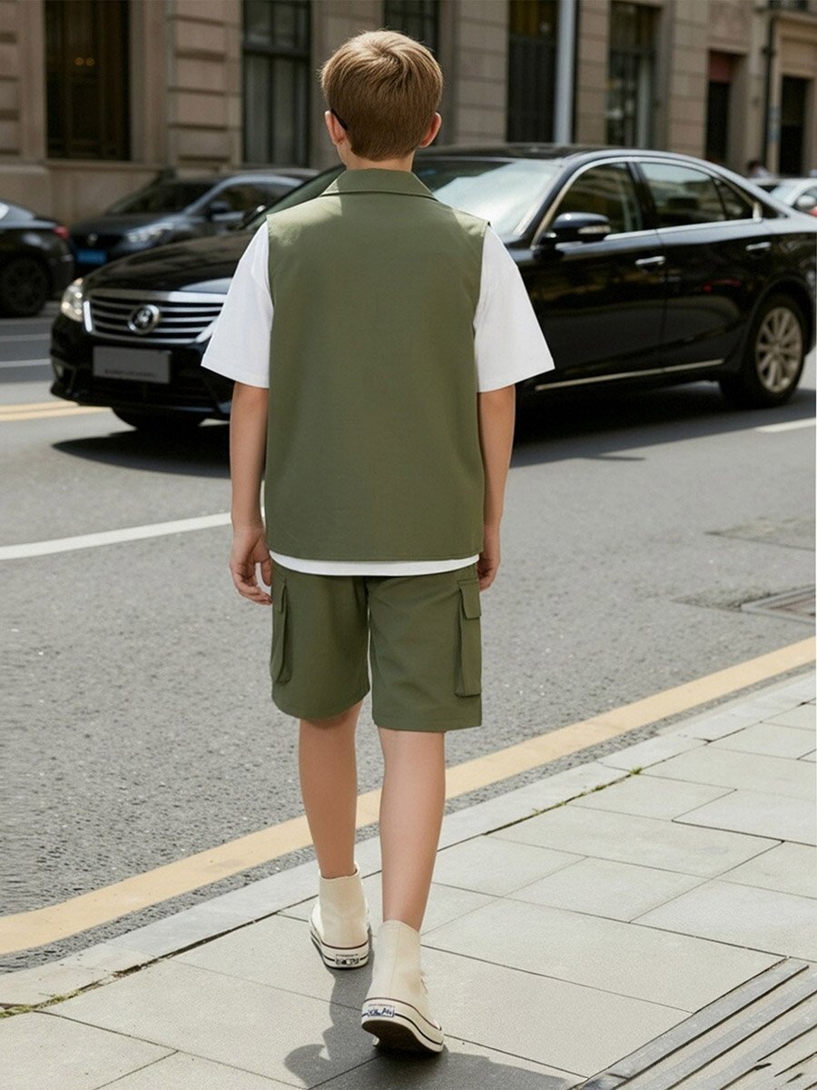 3-Piece Solid T-Shirt, Sleeveless Jacket and Cargo Shorts Set