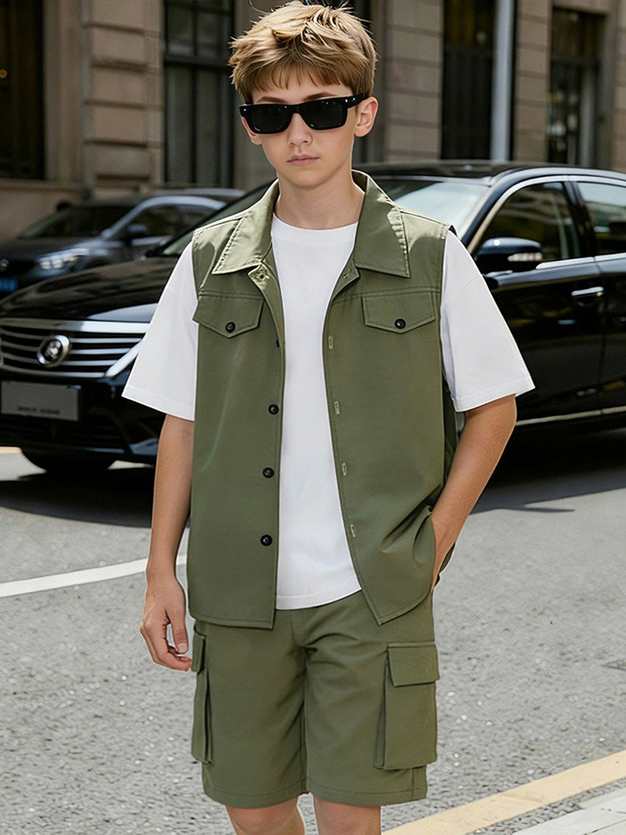 3-Piece Solid T-Shirt, Sleeveless Jacket and Cargo Shorts Set