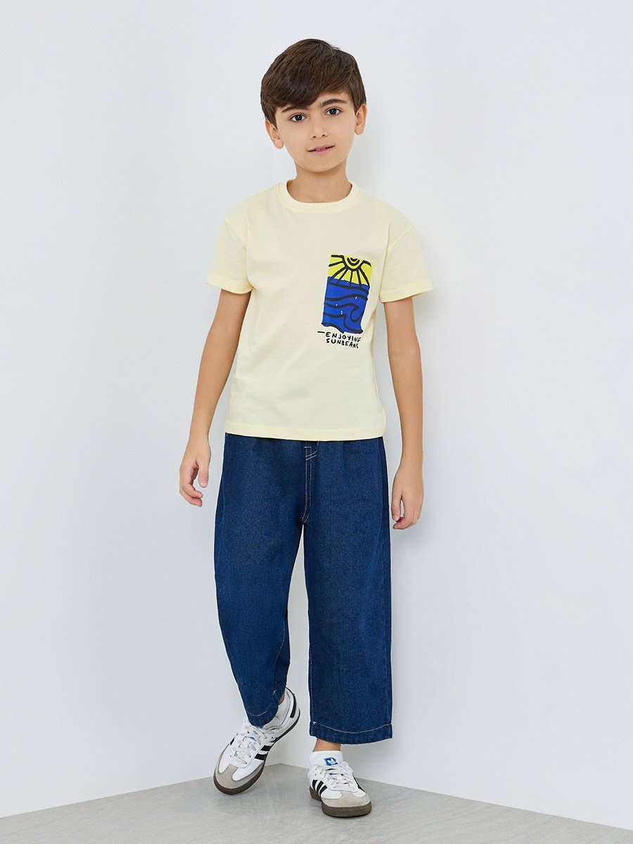 Kids Yellow Cotton Graphic Print T-Shirt