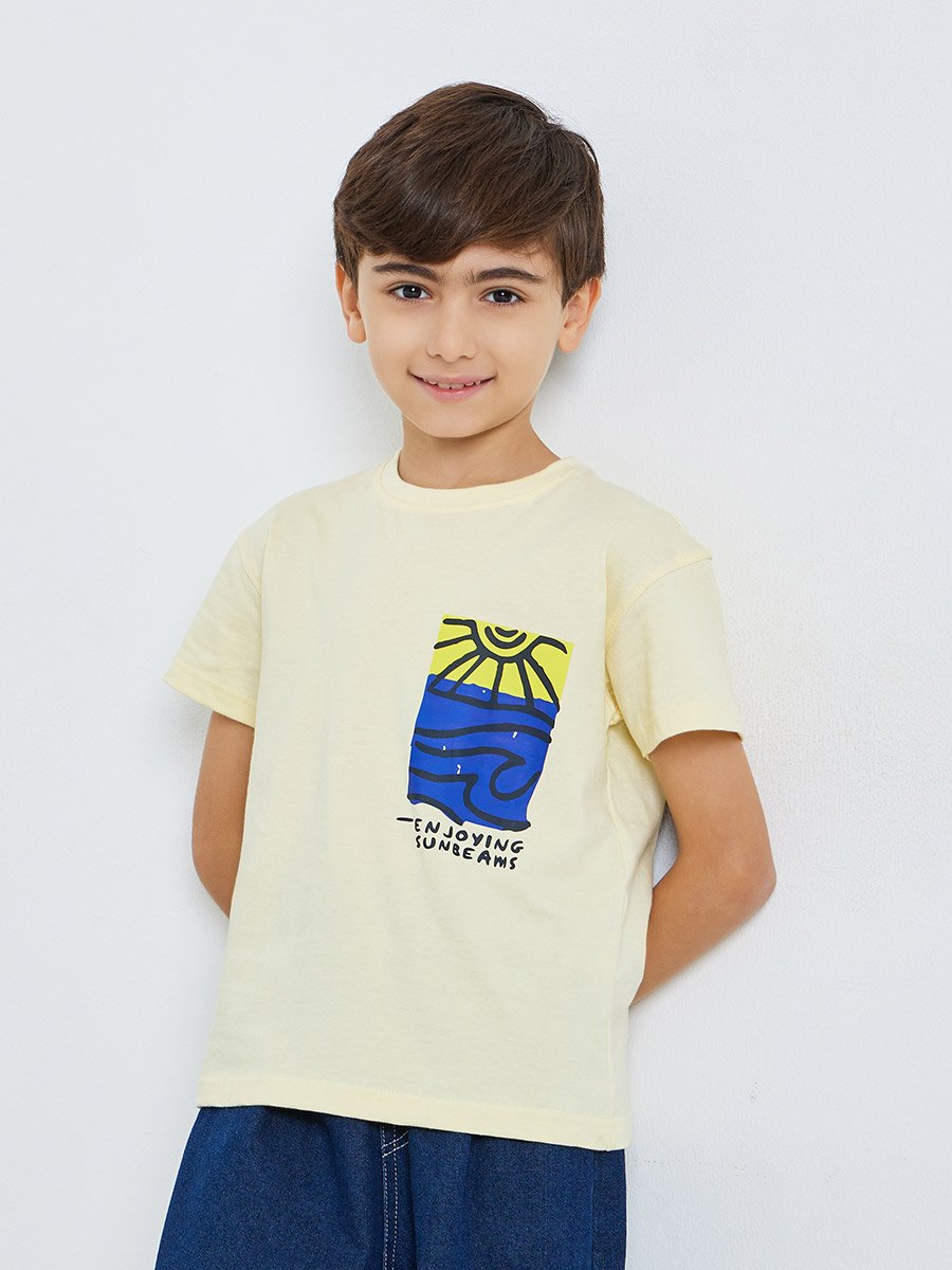 Kids Yellow Cotton Graphic Print T-Shirt