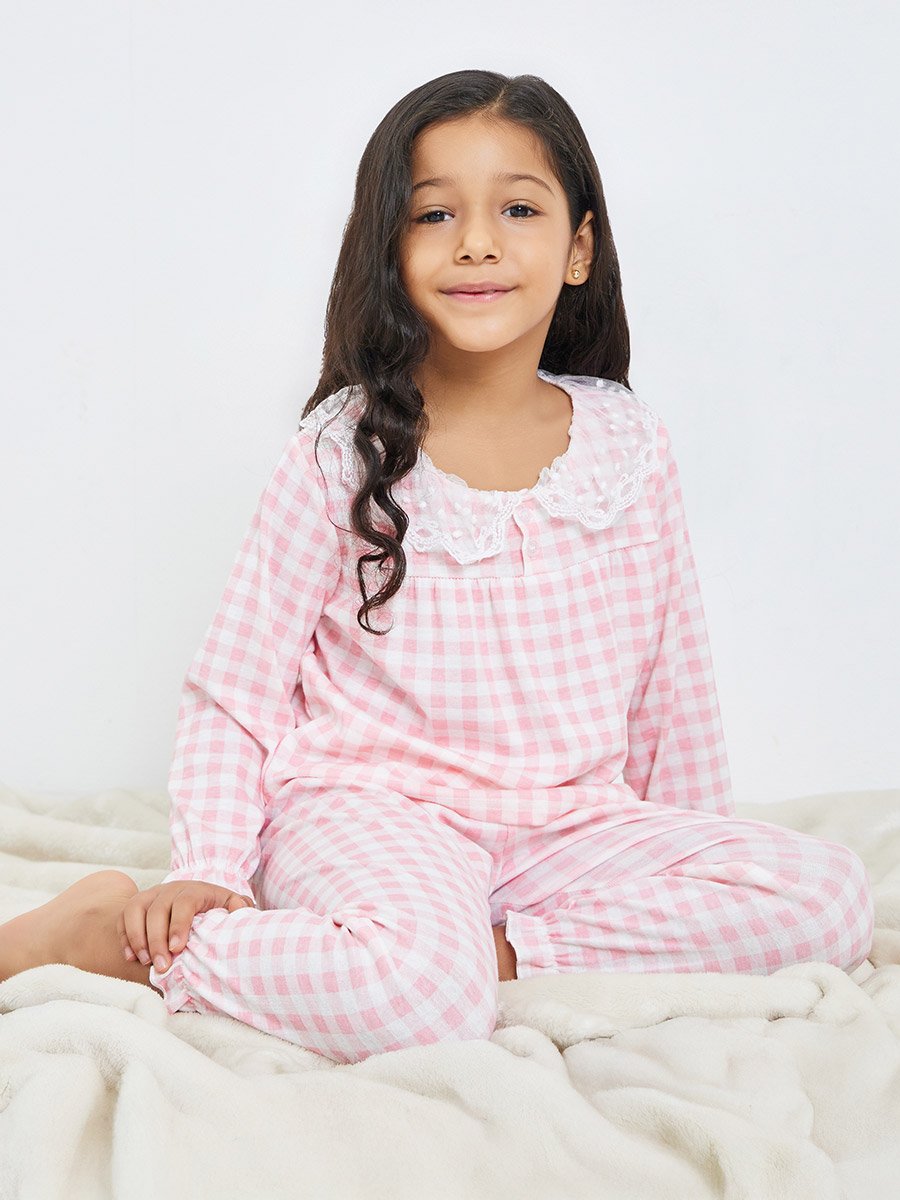Girls Check Lace Collar Top and Pyjama Set