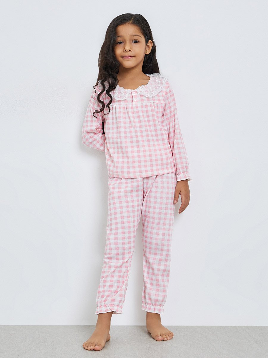 Girls Check Lace Collar Top and Pyjama Set