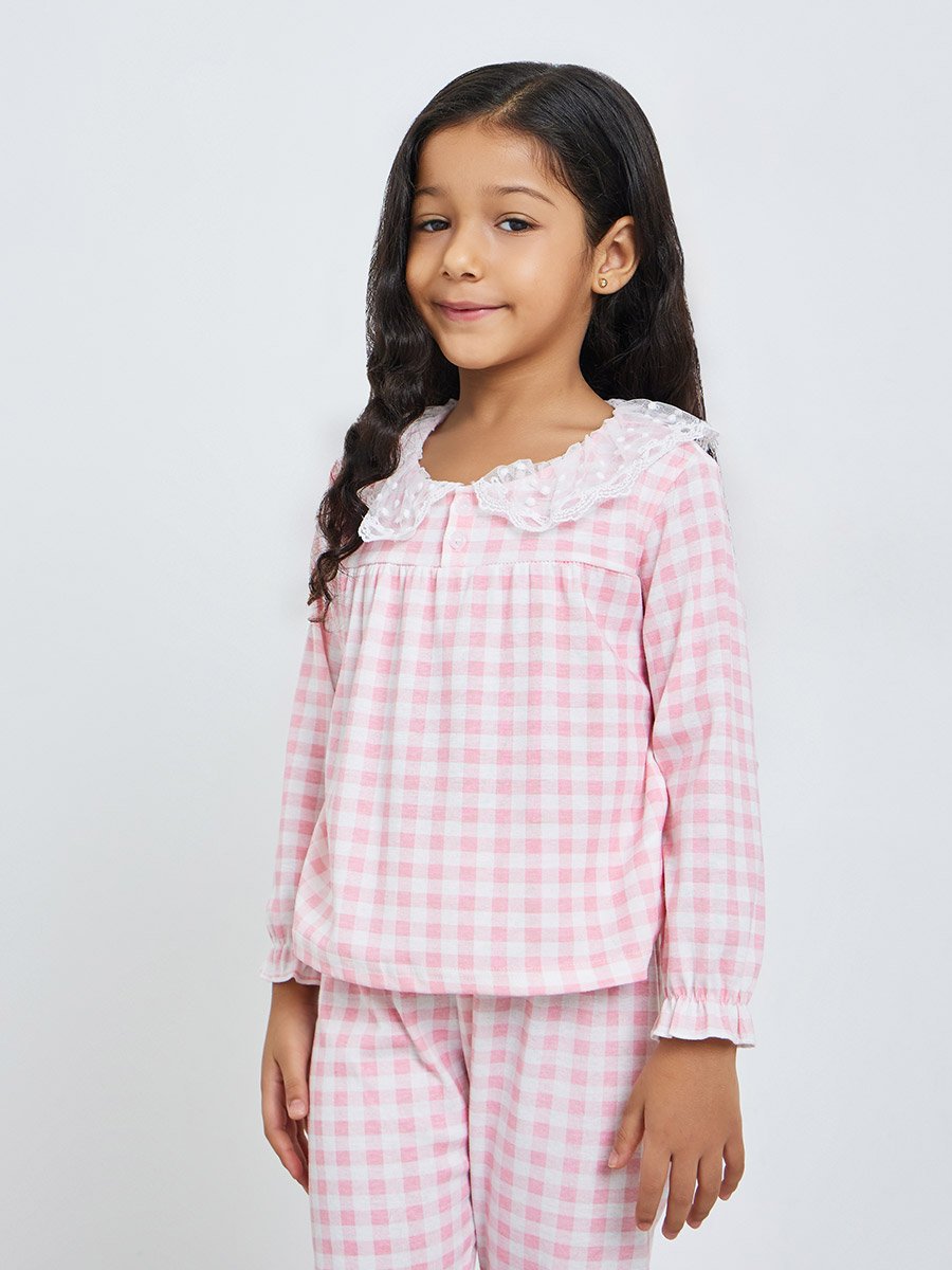 Girls Check Lace Collar Top and Pyjama Set