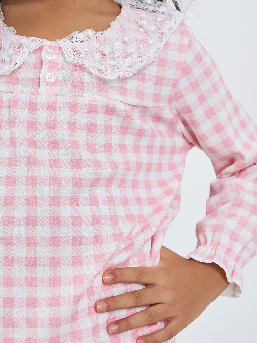 Girls Check Lace Collar Top and Pyjama Set