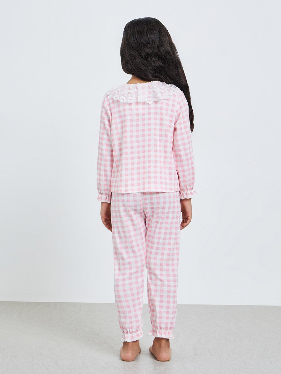 Girls Check Lace Collar Top and Pyjama Set