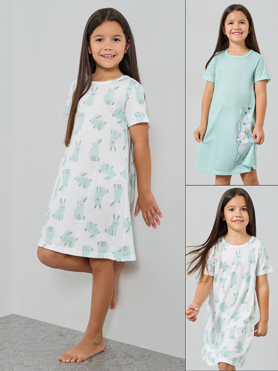 Pack of 2 - Girls Printed Short Sleeve Nightdress