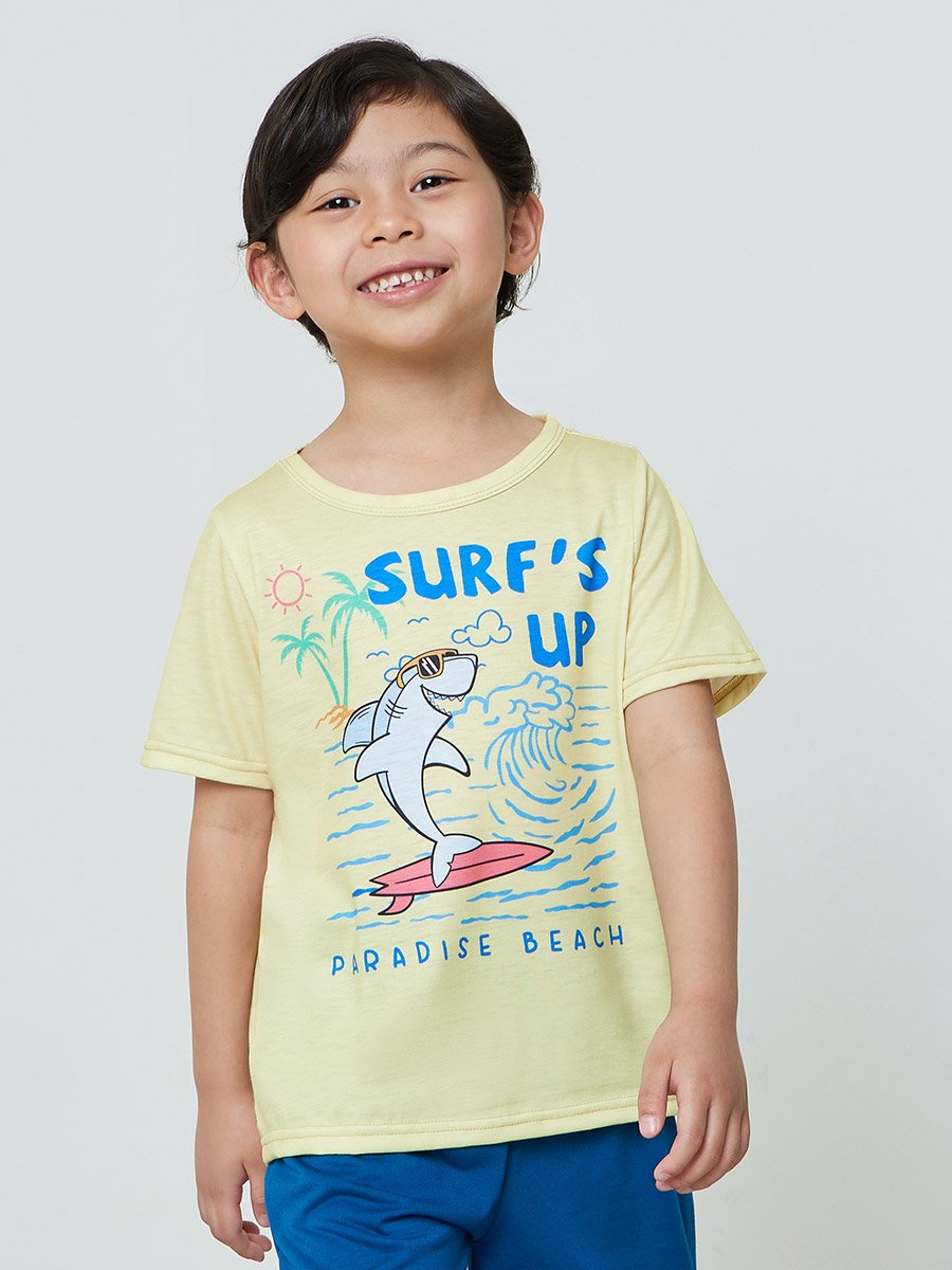 Boys Yellow Printed Shark T-Shirt and Shorts Set
