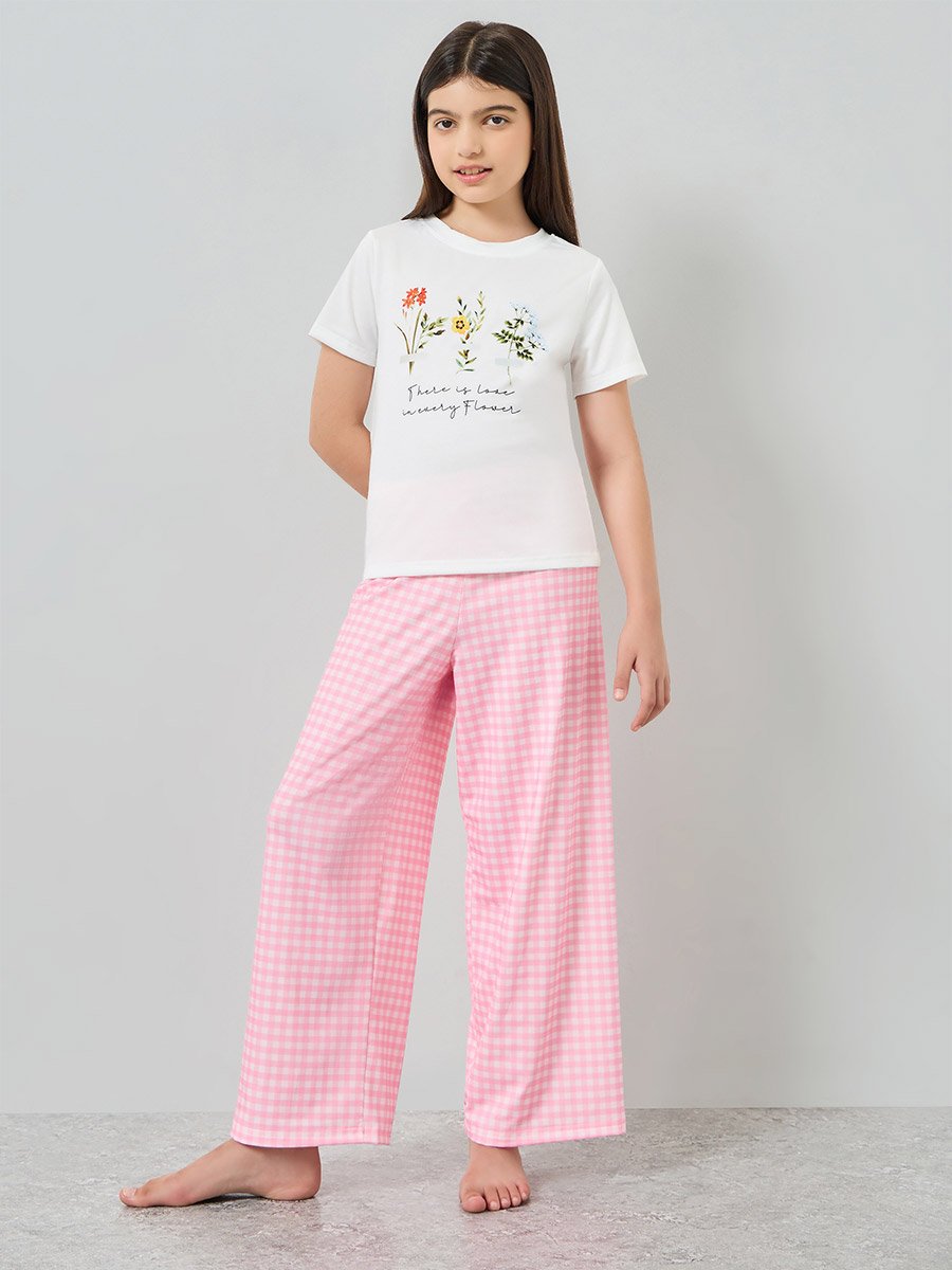 Girls Floral Print T-Shirt and Checked Pyjama Set