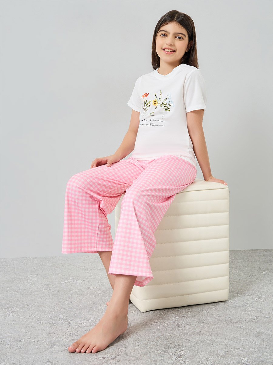 Girls Floral Print T-Shirt and Checked Pyjama Set