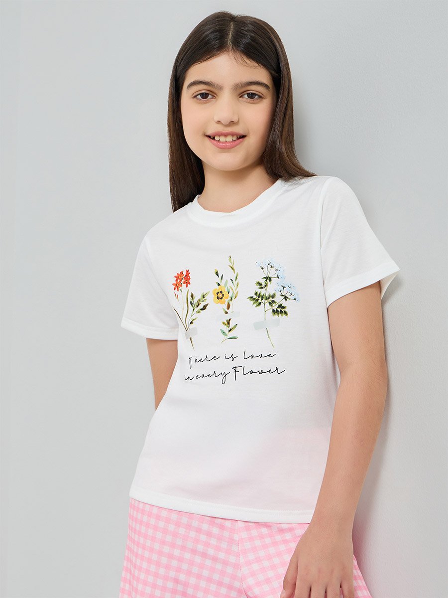 Girls Floral Print T-Shirt and Checked Pyjama Set