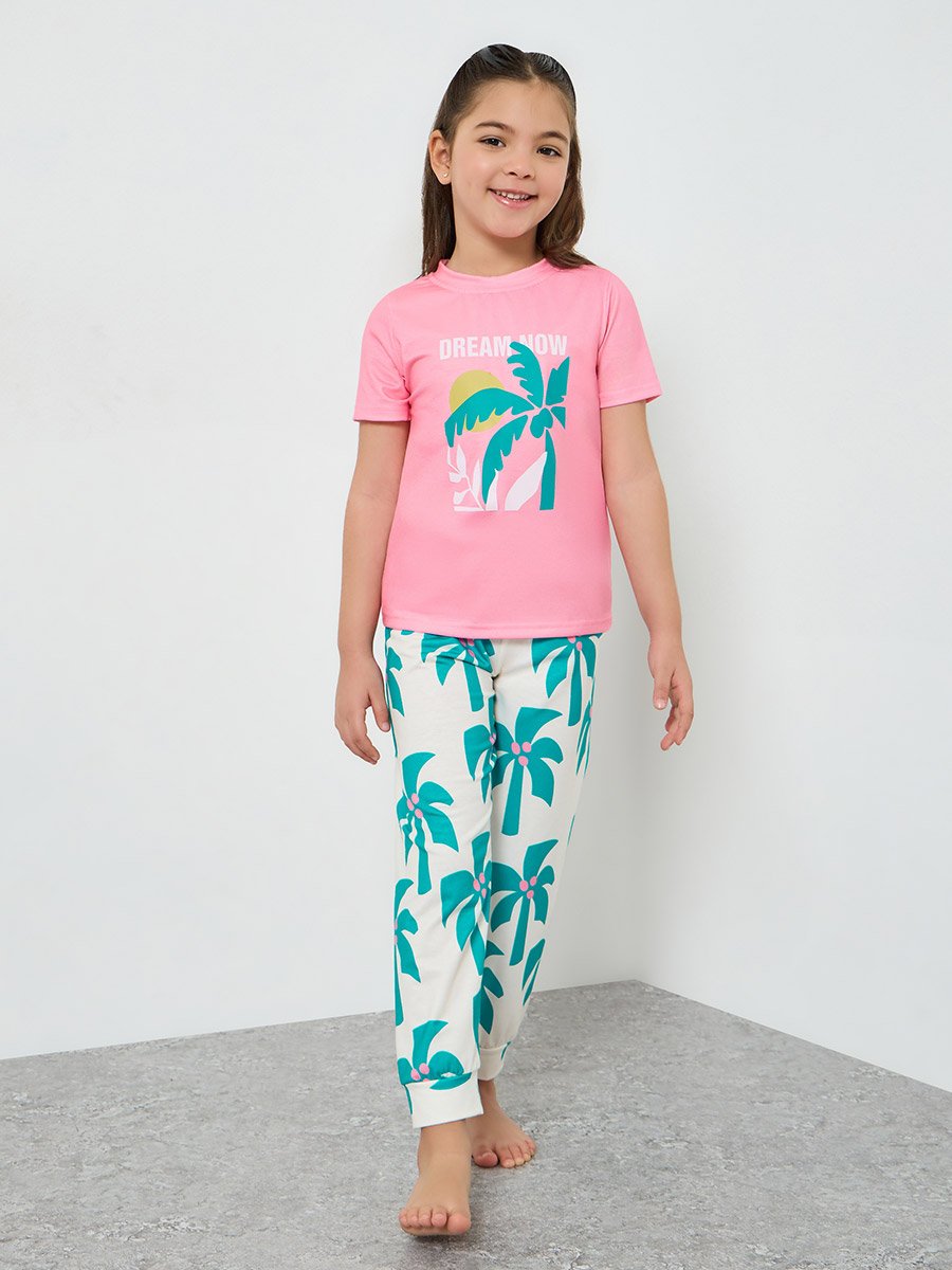 Girls Printed Short Sleeve T-Shirt and Pyjama Set