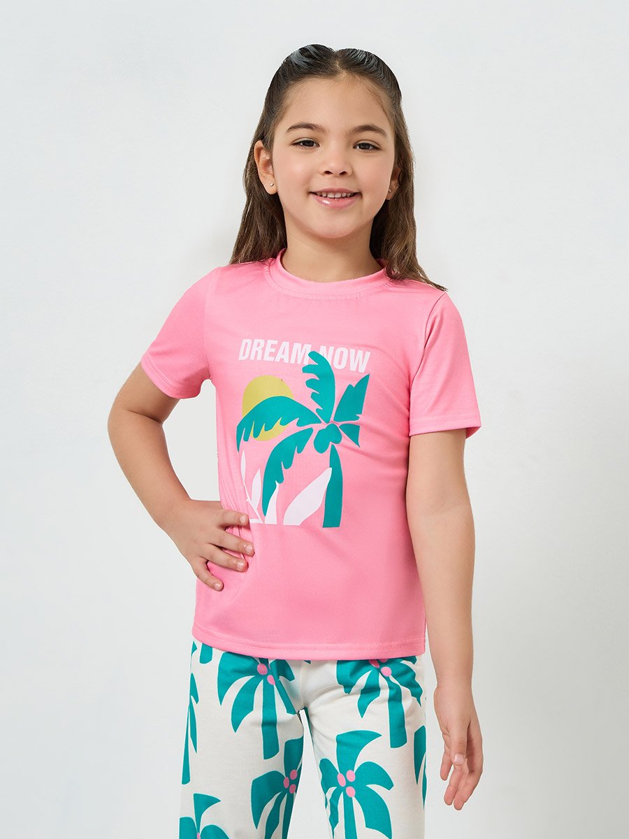 Girls Printed Short Sleeve T-Shirt and Pyjama Set