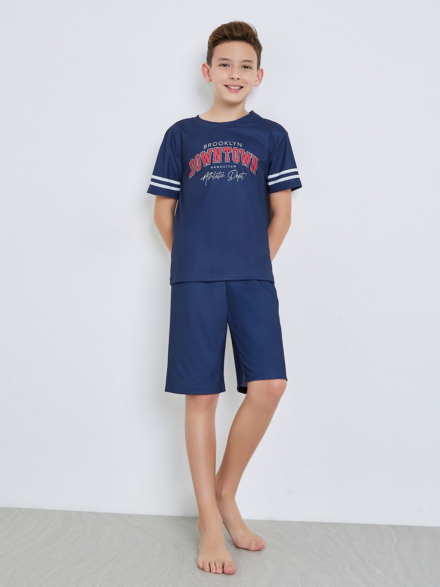 Kids Navy Blue Printed Short Sleeve T-Shirt and Shorts Pyjama Set