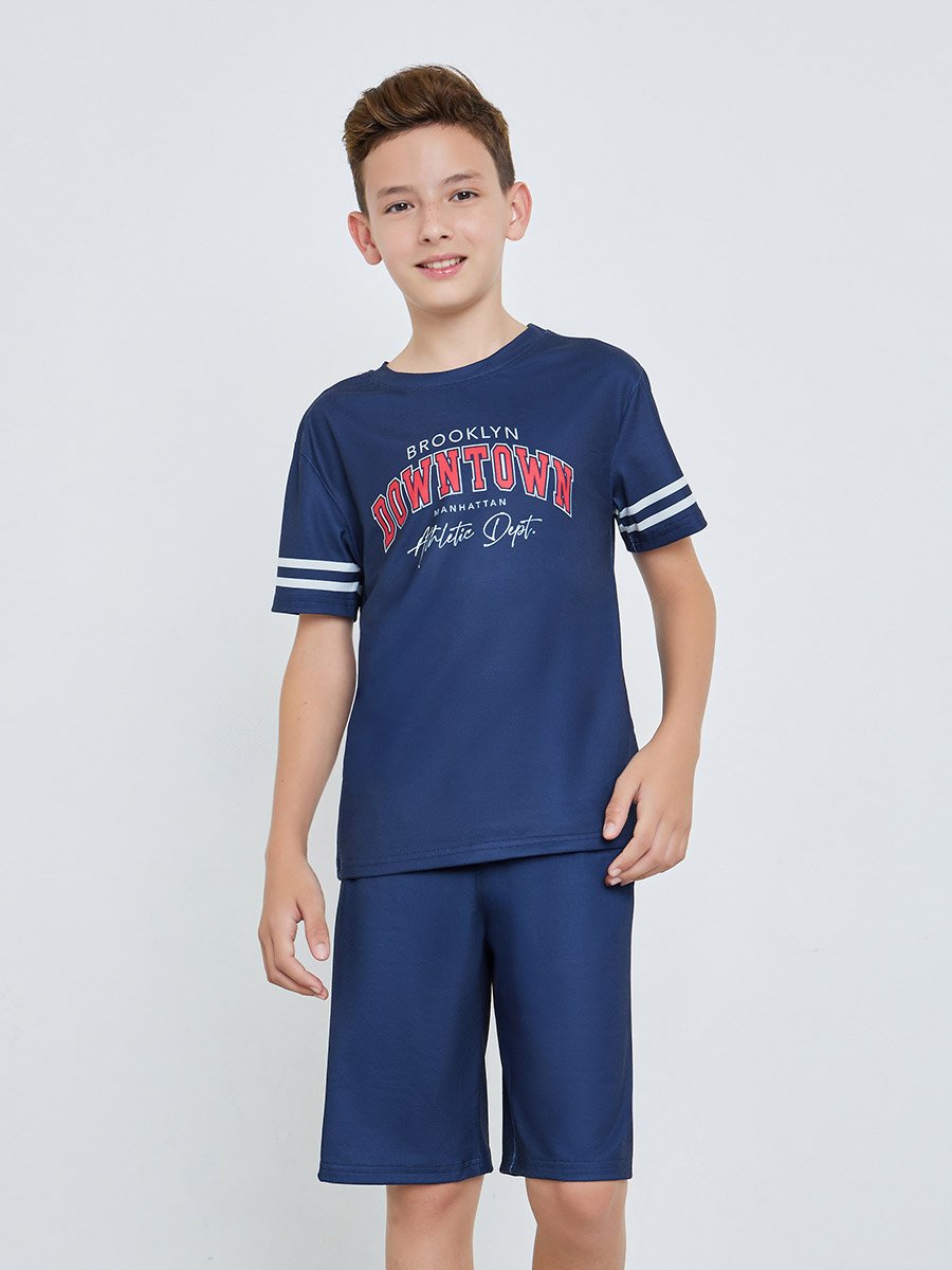 Kids Navy Blue Printed Short Sleeve T-Shirt and Shorts Pyjama Set