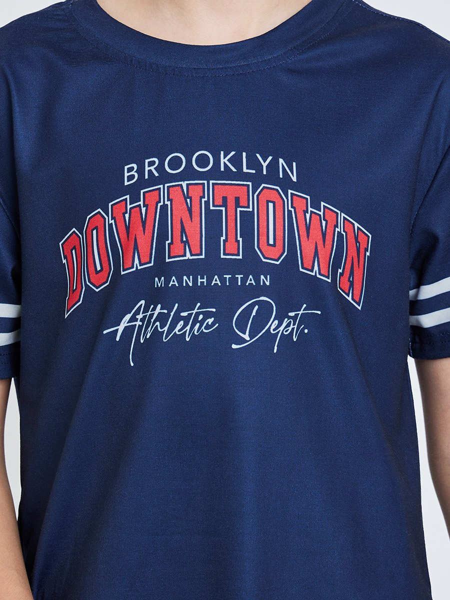 Kids Navy Blue Printed Short Sleeve T-Shirt and Shorts Pyjama Set