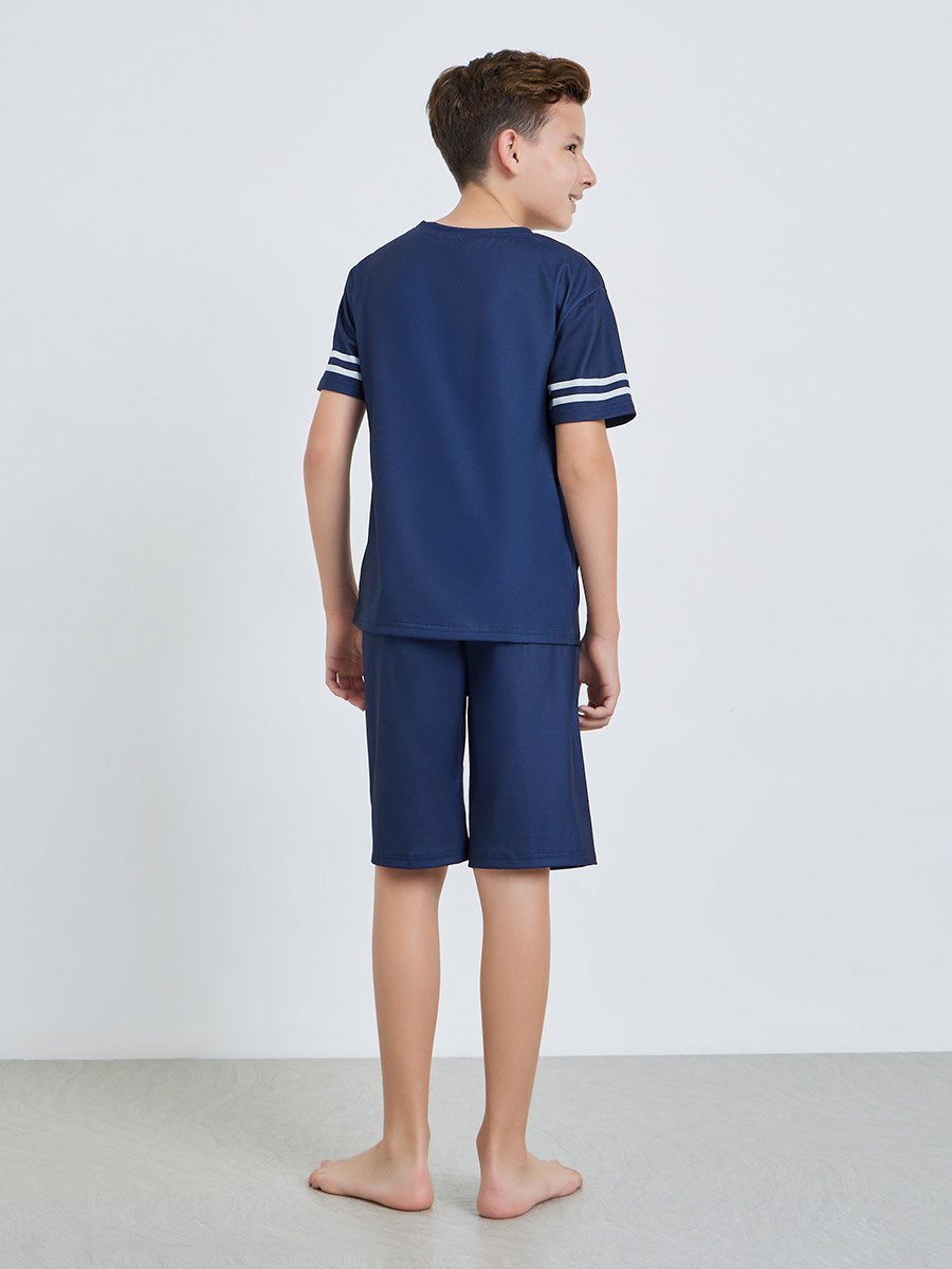 Kids Navy Blue Printed Short Sleeve T-Shirt and Shorts Pyjama Set