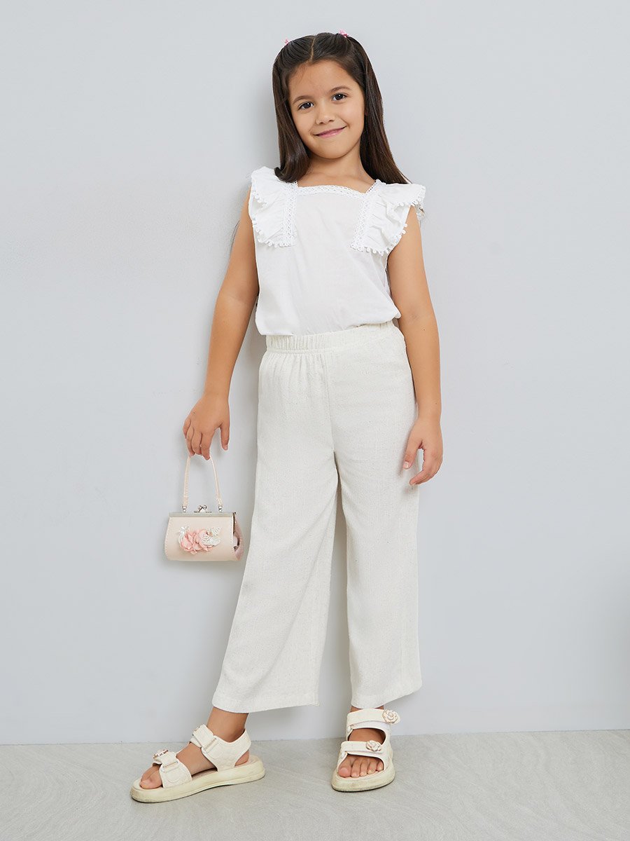 Girls Beige Wide Leg Linen Pants