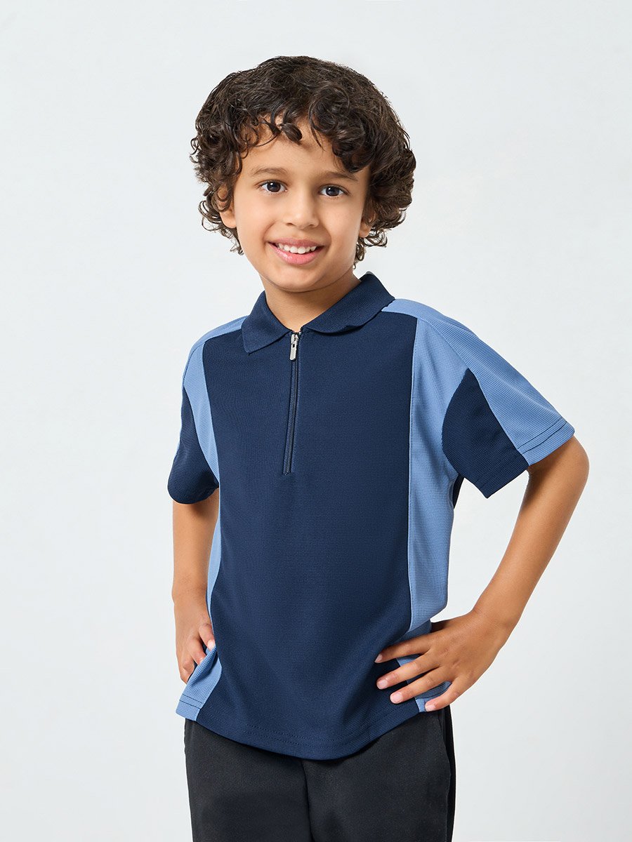 Boys Blue Color Block Polo T-Shirt with Zipper