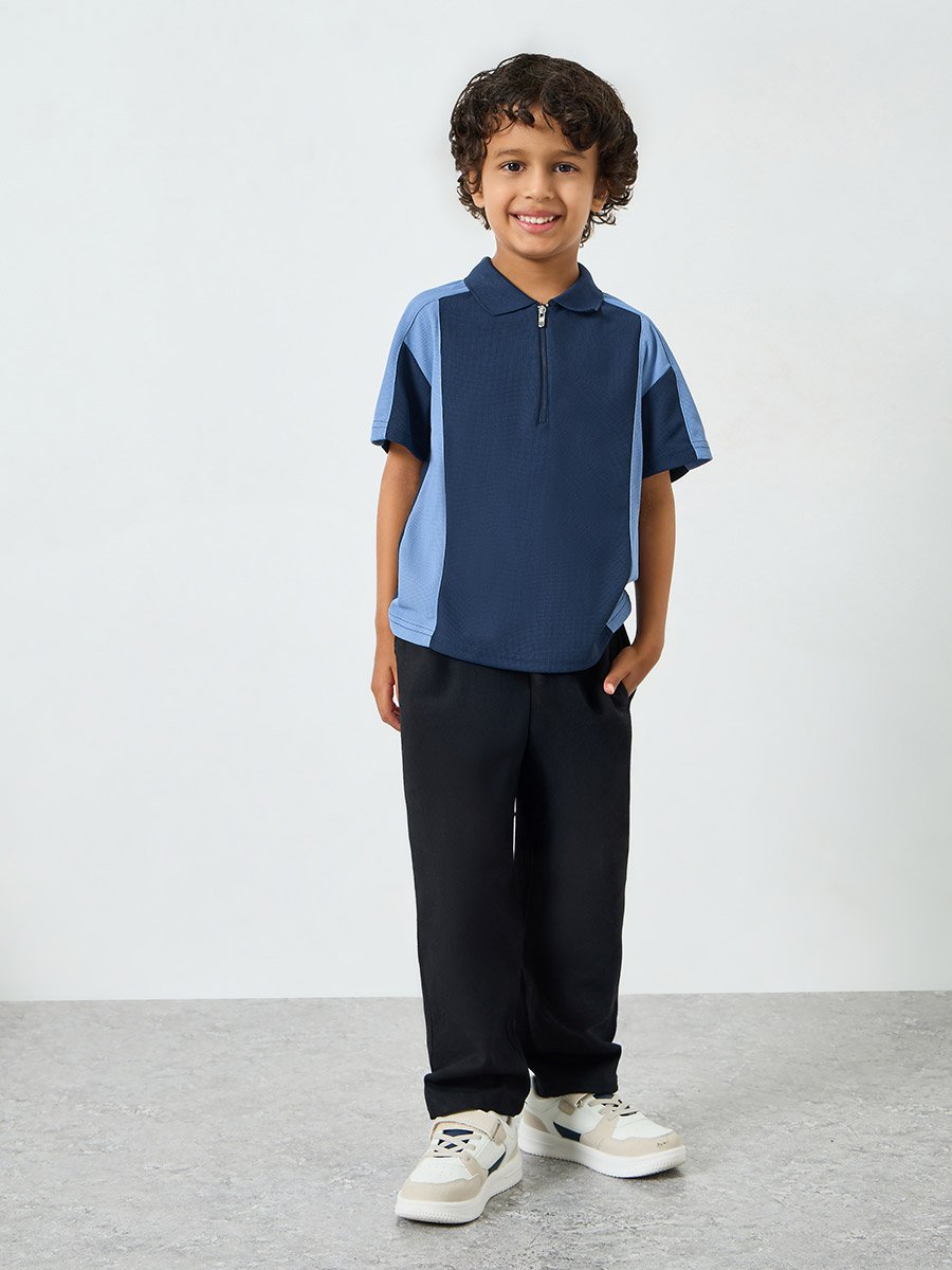 Boys Blue Color Block Polo T-Shirt with Zipper