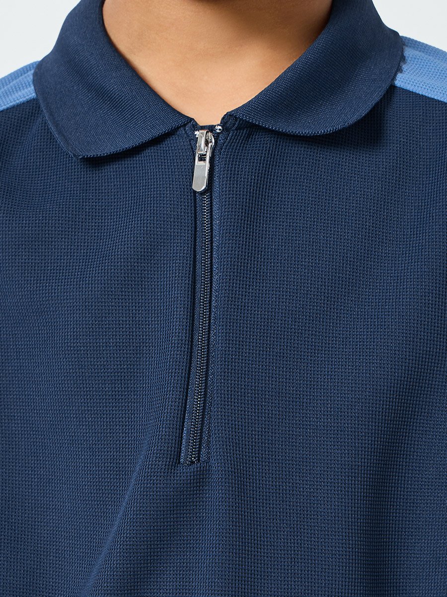 Boys Blue Color Block Polo T-Shirt with Zipper