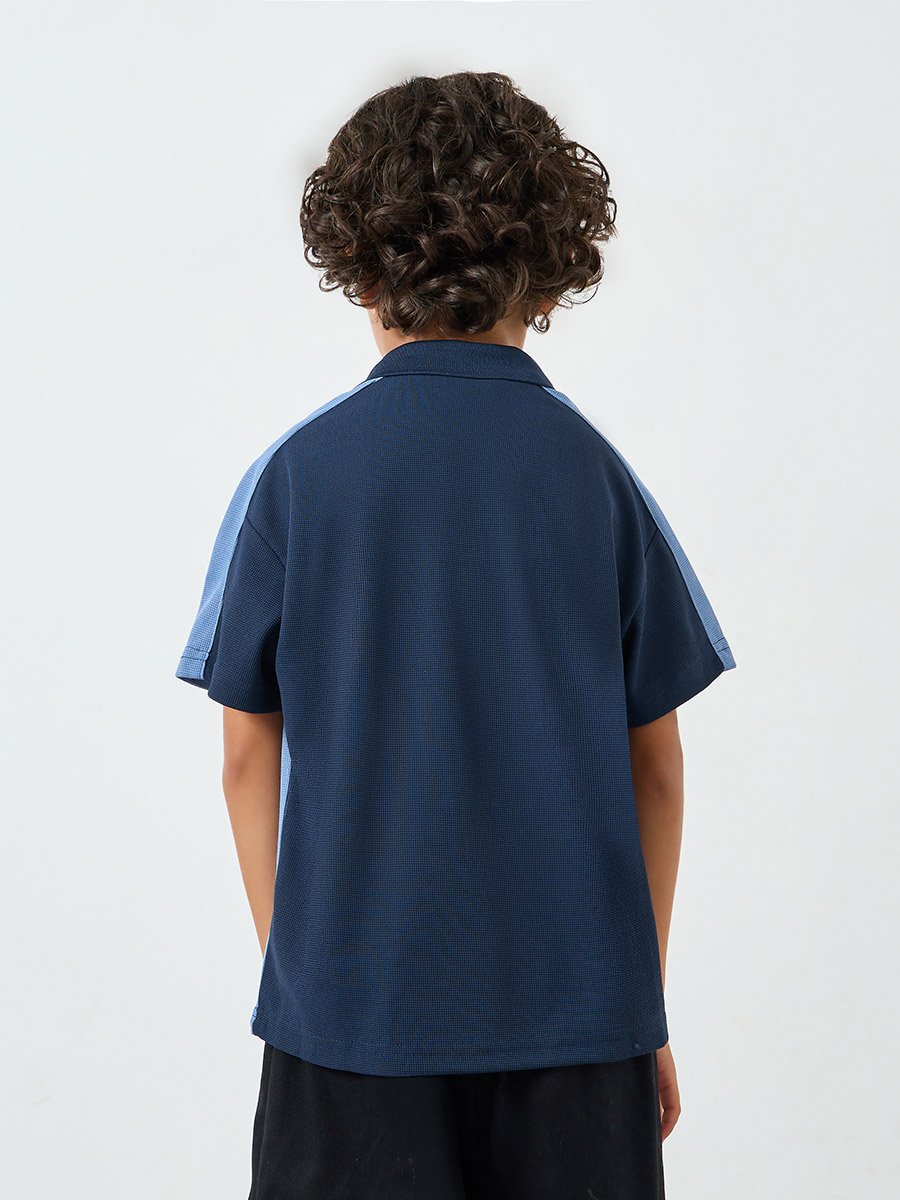 Boys Blue Color Block Polo T-Shirt with Zipper