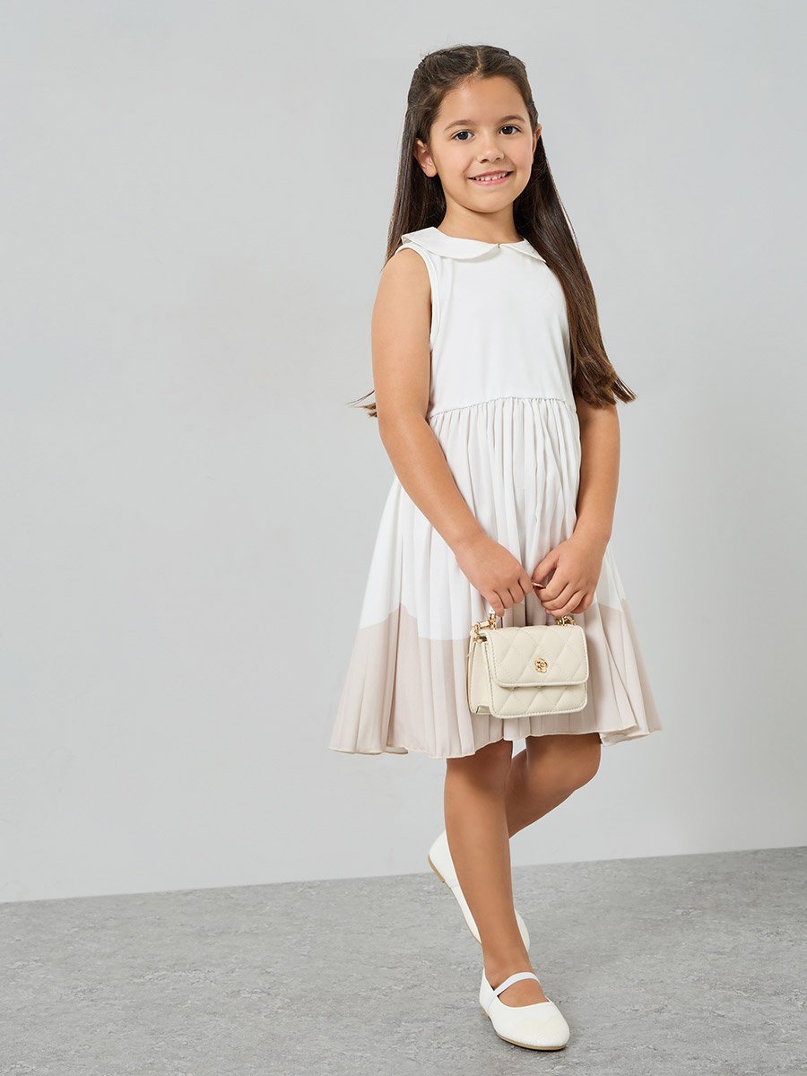Girls White Contrast Hem Sleeveless Dress