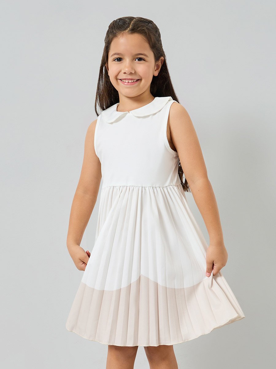 Girls White Contrast Hem Sleeveless Dress