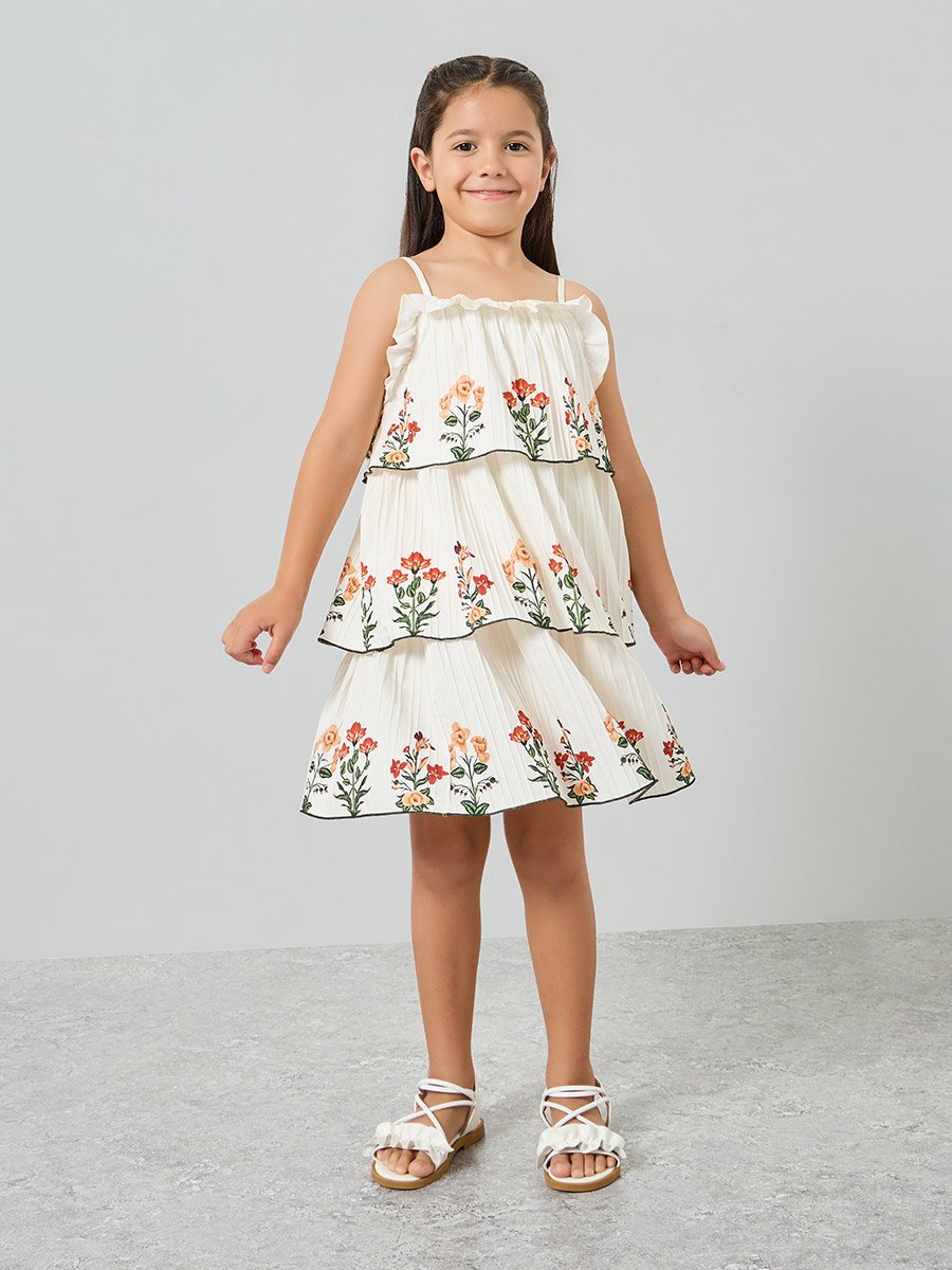 Girls Off-White Embroidered Floral Tiered Dress