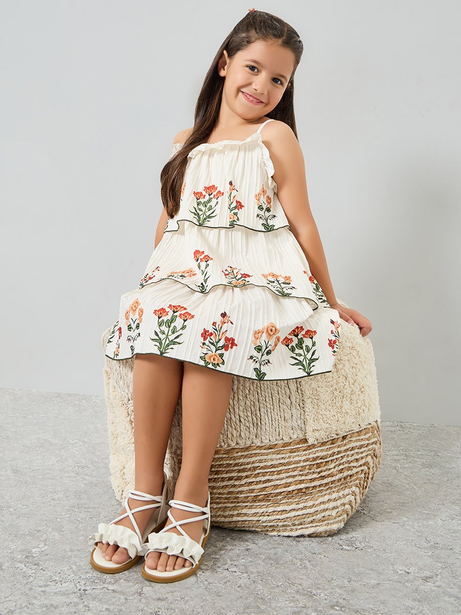 Girls Off-White Embroidered Floral Tiered Dress