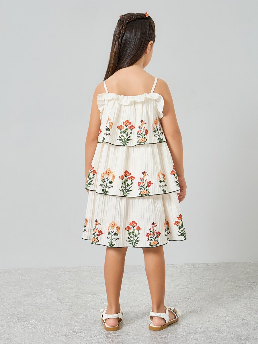 Girls Off-White Embroidered Floral Tiered Dress