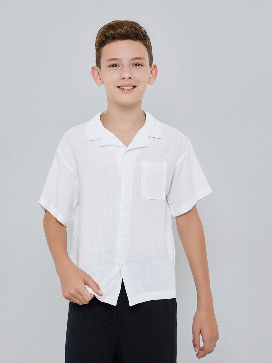 Kids White Linen-Blend Short Sleeve Shirt