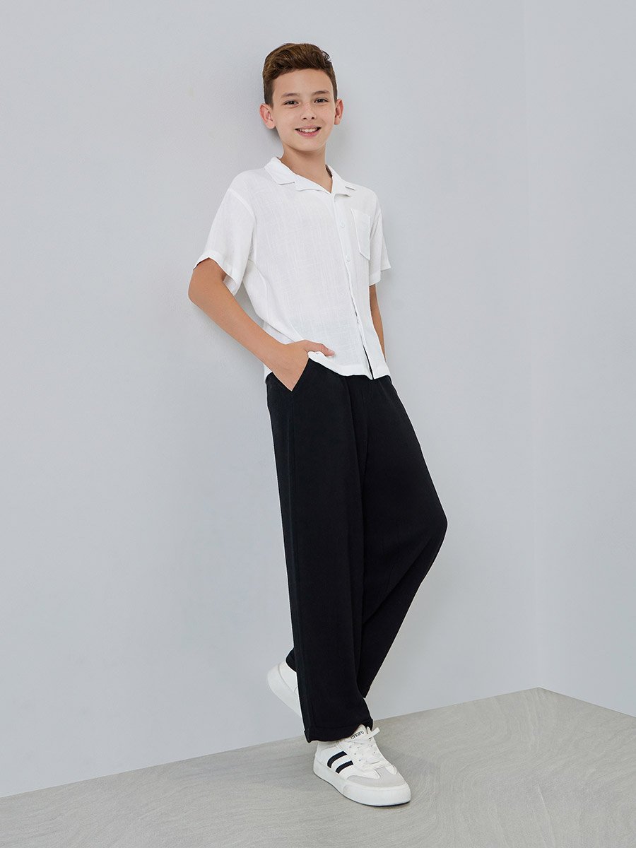 Kids White Linen-Blend Short Sleeve Shirt
