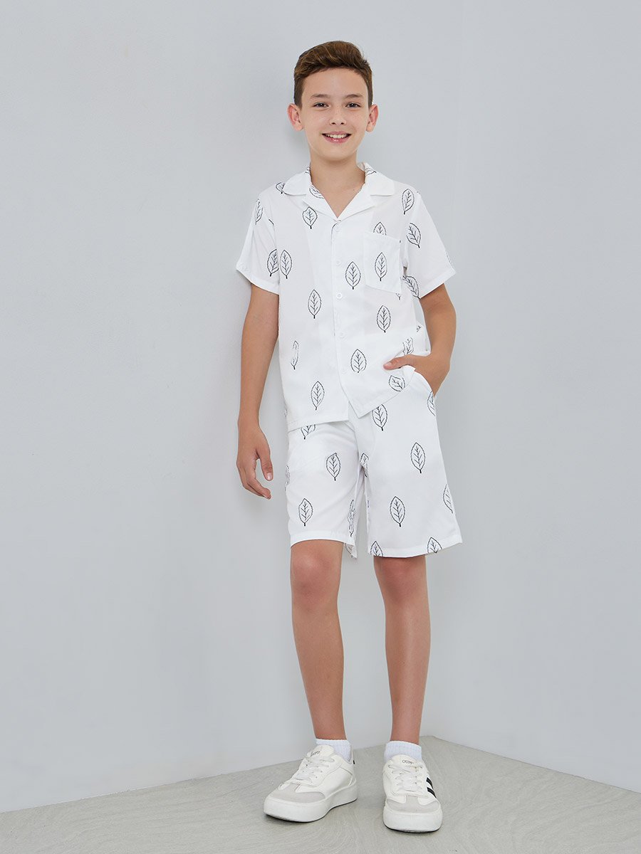 Boys White Leaf Print Shirt and Shorts Set