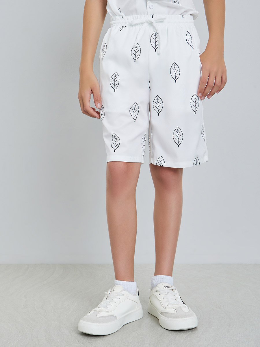 Boys White Leaf Print Shirt and Shorts Set