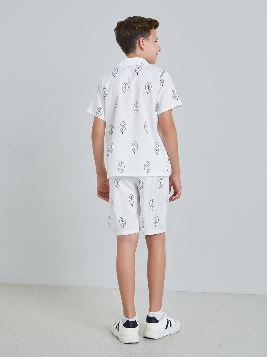 Boys White Leaf Print Shirt and Shorts Set