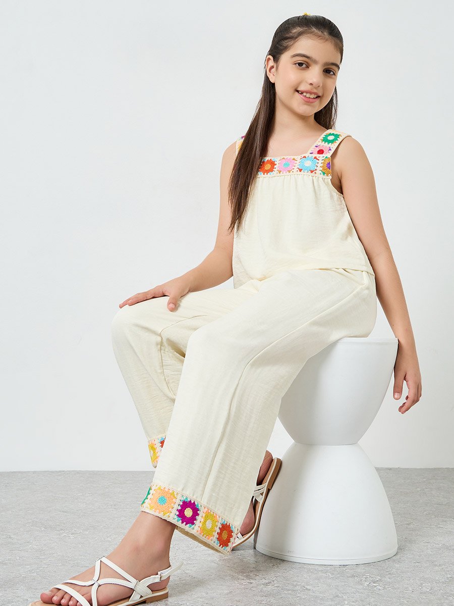 Girls Crochet Trim Cotton Top and Pants Set